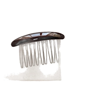 Minimalist brown resin hair comb with ten silver metal teeth for elegant hairstyling