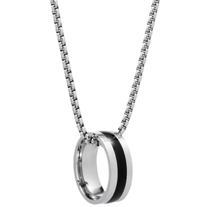 Minimalist silver box chain necklace with a black enamel ring pendant for women
