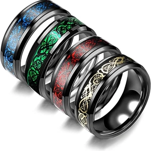 Fashion 4 Piece Set Men Titanium Steel Rings Black Celtic Dragon Pattern Sequin Inlaid Retro Punk Party Band Rings For Men