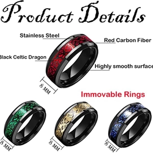 Black titanium steel 8mm ring set with colorful carbon fiber and Celtic dragon inlay