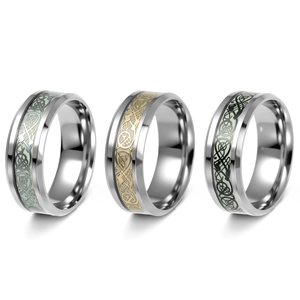 Luminous stainless steel Celtic knot ring set for men in green, gold, and black finishes