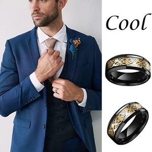 4-piece men's black titanium steel ring set with gold Celtic dragon pattern inlay
