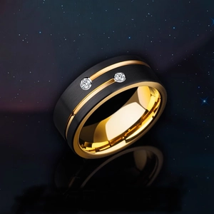Anello da Uomo in Acciaio al Titanio Placcato Nero Oro Intarsiato Zirconia Minimalista Linea Geometrica Anello a Fascia Gioielli Moda