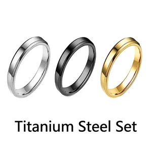 Bagues Minimalistes en Acier Titane avec Bord Biseauté Poli pour Hommes Femmes Or Argent Noir Bijoux de Doigt Simples