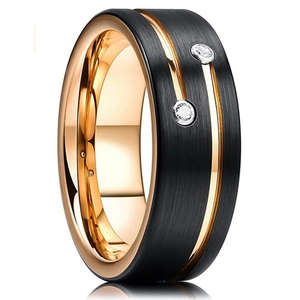 Anello da uomo in acciaio al titanio spazzolato nero con oro rosa e doppio zircone