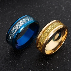 Polished titanium steel ring set with gold and blue Celtic dragon pattern inlay
