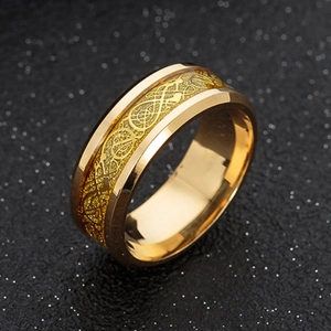 Men's gold titanium steel ring featuring an etched dragon pattern with wide flat band design