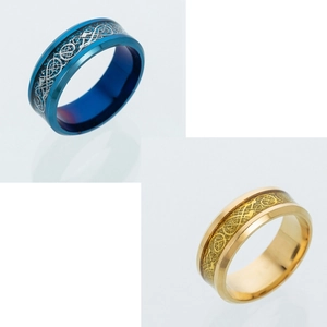 Titanium steel ring set featuring blue and gold celtic dragon pattern inlay with glitter