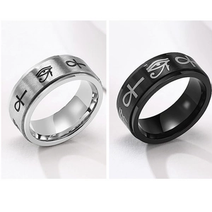 Titanium steel spinner ring with Egyptian Horus eye and Ankh cross in black and silver