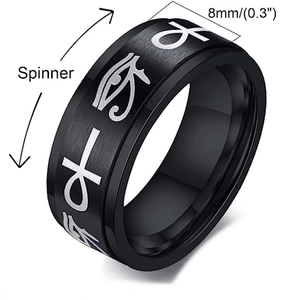 8mm black stainless steel spinner ring featuring Ankh Cross and Eye of Horus symbols