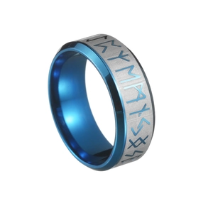 Close-up of Viking runes engraved on blue and silver brushed steel ring band