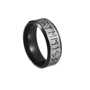 Polished black viking runic ring with silver brushed nordic runes for men and women
