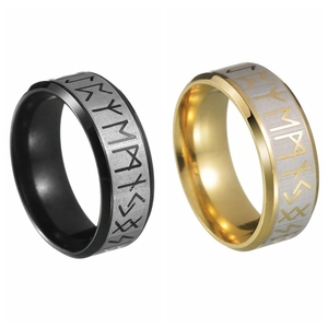 Viking Rune rings in silver, black, and gold stainless steel shown on white background