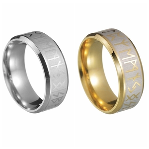 Polished silver and gold Viking Rune rings with matte sandblasted texture and engravings