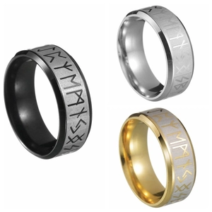 Viking rune rings for men in black, silver, and gold colors with brushed metal finish