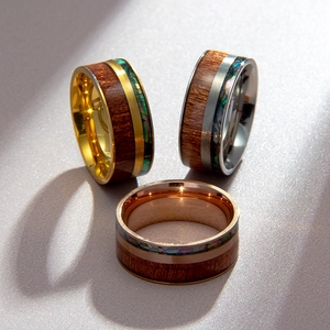 Men's titanium steel ring set with inlaid wood grain and colorful shell details