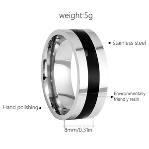 Detail view of 8mm stainless steel ring with black resin inlay and hand polished finish