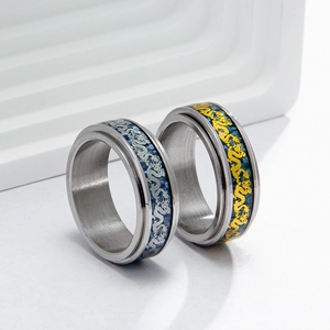 Titanium Steel Spinner Ring For Men Women Chinese Dragon Pattern Blue Carbon Fiber Inlay Stress Relief Rotating Band Ring Jewelry