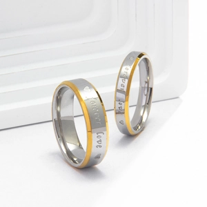 Forever Love titanium steel couple rings with brushed silver center and gold polished edges