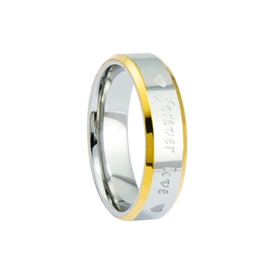 Modern bicolor stainless steel Forever Love ring with engraved heart pattern for couples