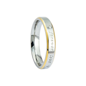 Detail of forever love engraving on bicolor stainless steel couple ring band