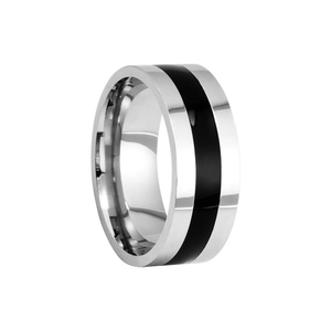 Minimalist silver and black enamel titanium steel ring for men with polished finish