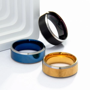 Minimalist titanium steel men's ring set in black, blue, and gold with brushed finish