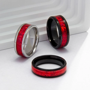Fashion Stainless Steel Unisex Ring With Red Artificial Opal Inlay Minimalist Individual Drip Oil Polished Band Ring Jewelry
