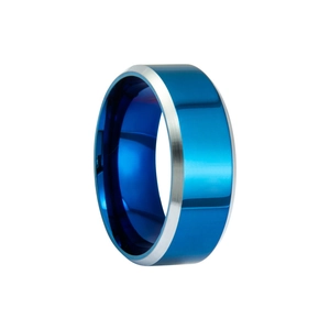 Minimalist silver and blue two-tone stainless steel ring for men with polished beveled edges