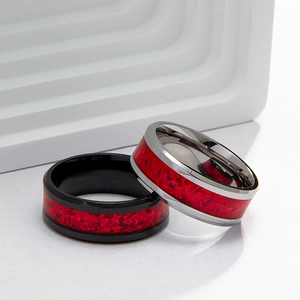 Titanium steel couple rings set with vibrant red faux opal inlay on minimalist steps