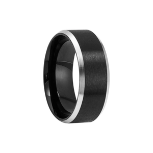 Detail of black brushed titanium steel ring with silver polished edges and beveled design