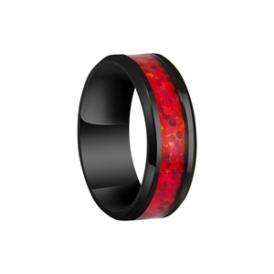 Detailed side view of black titanium ring with vibrant red synthetic opal inlay