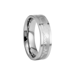 Titanium steel couple ring with ECG heartbeat pattern and brushed silver finish
