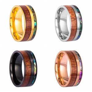 Men's titanium steel rings set with wood inlay and abalone shell in four metallic colors