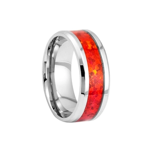 Macro detail of titanium steel ring featuring red synthetic opal inlay and polished finish