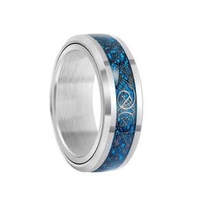 Detailed close-up of a rotatable carbon fiber dragon ring in blue and silver steel