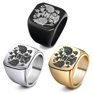 Polished stainless steel square signet rings with double-headed eagle emblem in gold and silver