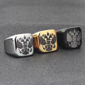 Men's titanium steel signet rings with double-headed eagle crest in silver, gold, and black