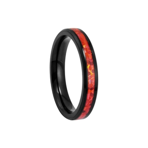 Polished black titanium steel ring featuring an inlaid red opal finish for men