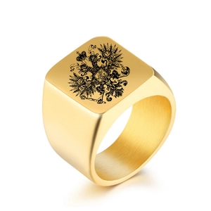 Golden square signet ring for men with black Russian double-headed eagle crest symbol
