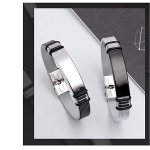 Adjustable silver and black stainless steel mesh band bracelets with rectangle plate