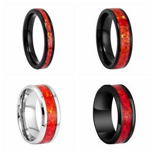 Titanium steel couple ring set with red opal inlay in black and silver finishes