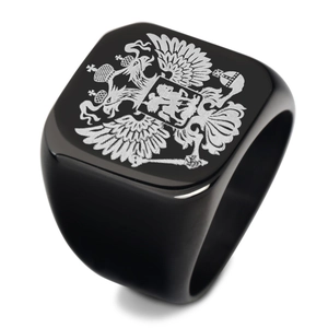 Polished black stainless steel signet ring for men with silver double-headed eagle emblem