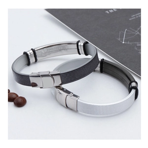 Detailed close-up of adjustable stainless steel mesh bracelets in silver and black colors