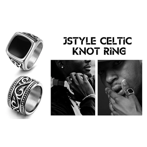 Retro 4-piece titanium steel ring set for men featuring Celtic knots and black signet design