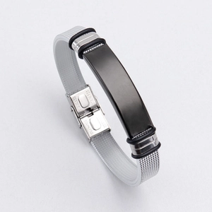 Detail of adjustable stainless steel mesh bracelet with black matte ID plate and clasp