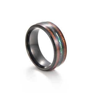 Anello vintage in titanio nero con conchiglia abalone colorata e inserto in legno