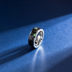 Polished 8mm black titanium steel galaxy ring with rainbow opal inlay and starry sky effect