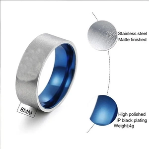 Men's 8mm matte brushed stainless steel ring with polished blue inner surface