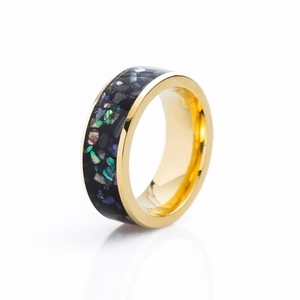 Detailed side view of 8mm titanium steel ring featuring colorful galaxy opal inlay